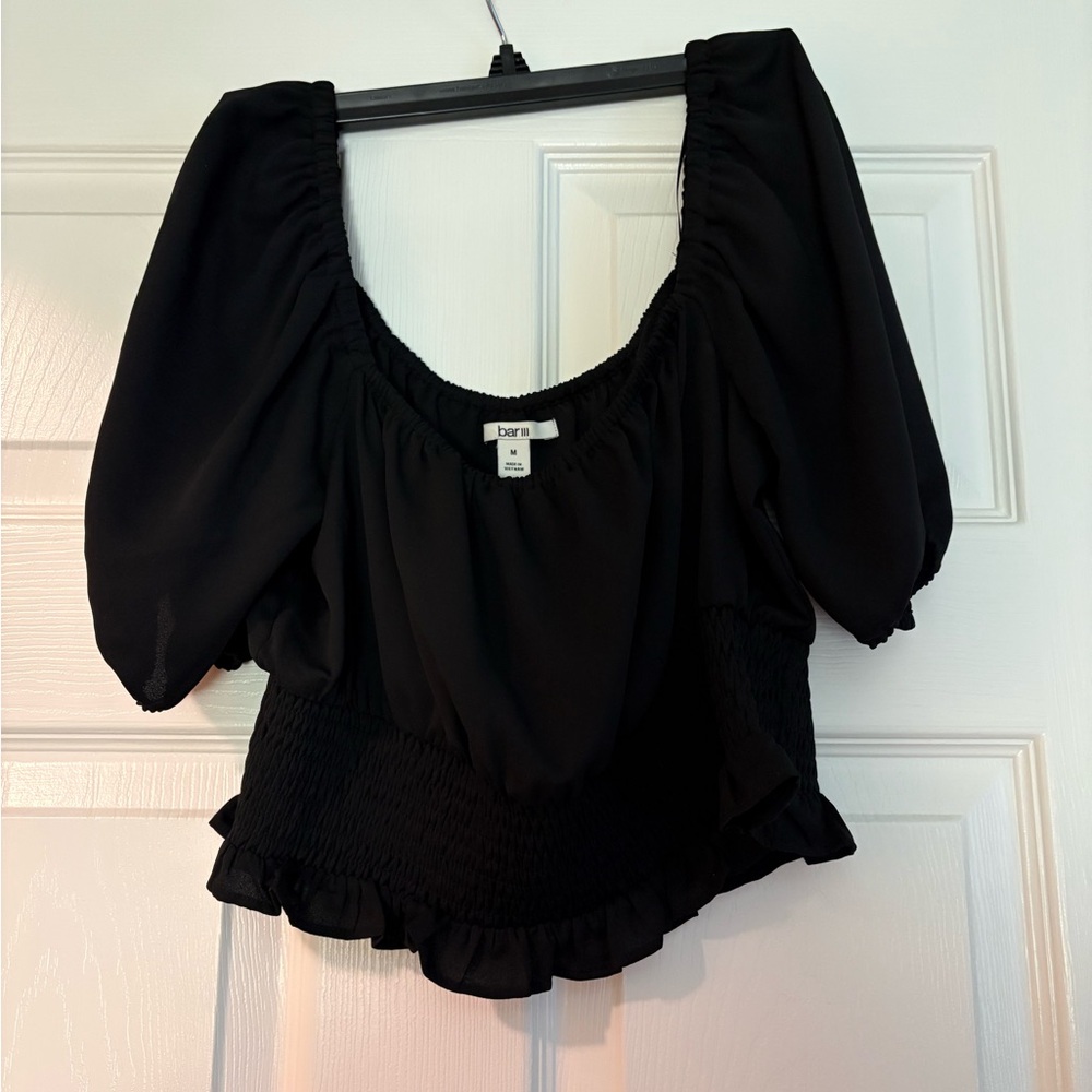 Bar III Black Puff-Sleeve Smocked Peplum Blouse